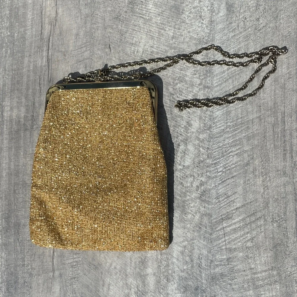 Vintage Harry Levine Gold Weave Evening Bag Kiss Lock Chain Strap Clutch Wedding